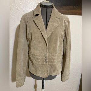 Live a Little tan 100% suede machine, washable snap button jacket size L